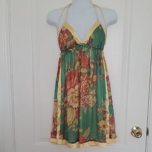 Floral Halter Dress with Gold Trim